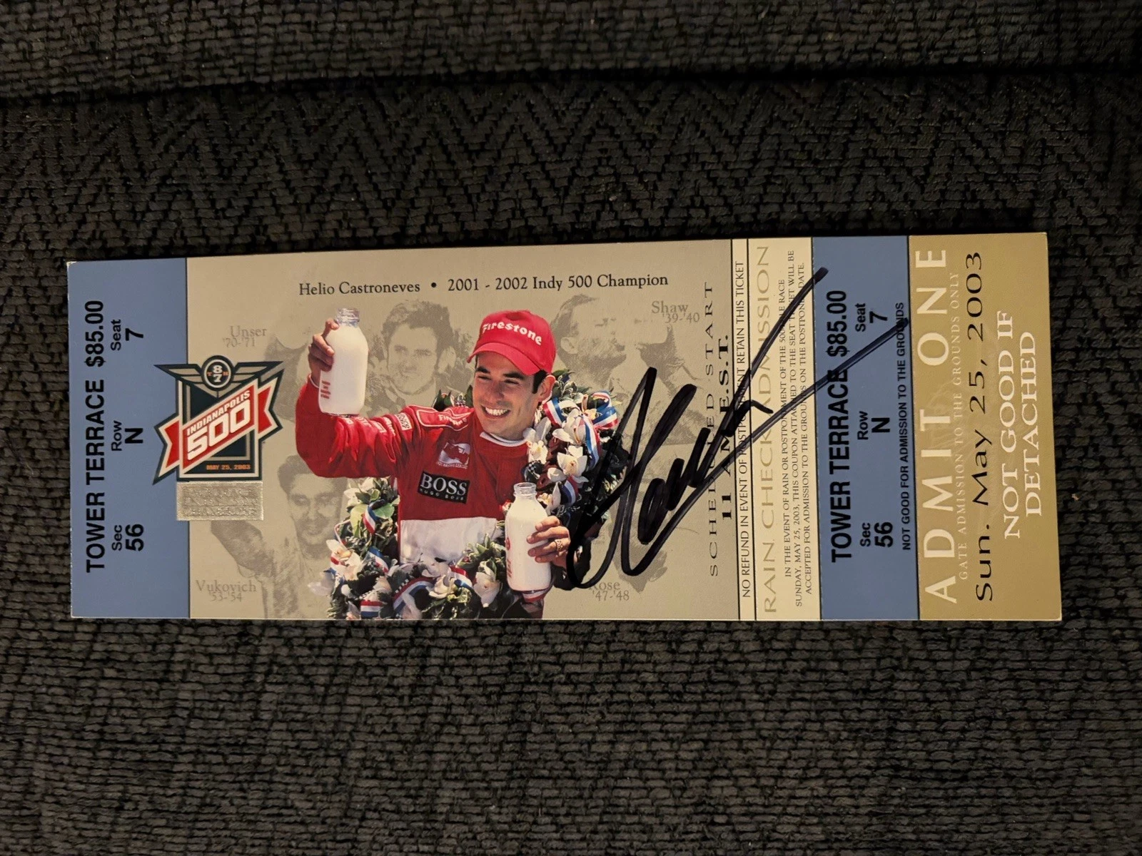 Helio Castroneves (2002 Winner) Signed Indianapolis Indy 500 Ticket 2003 Race