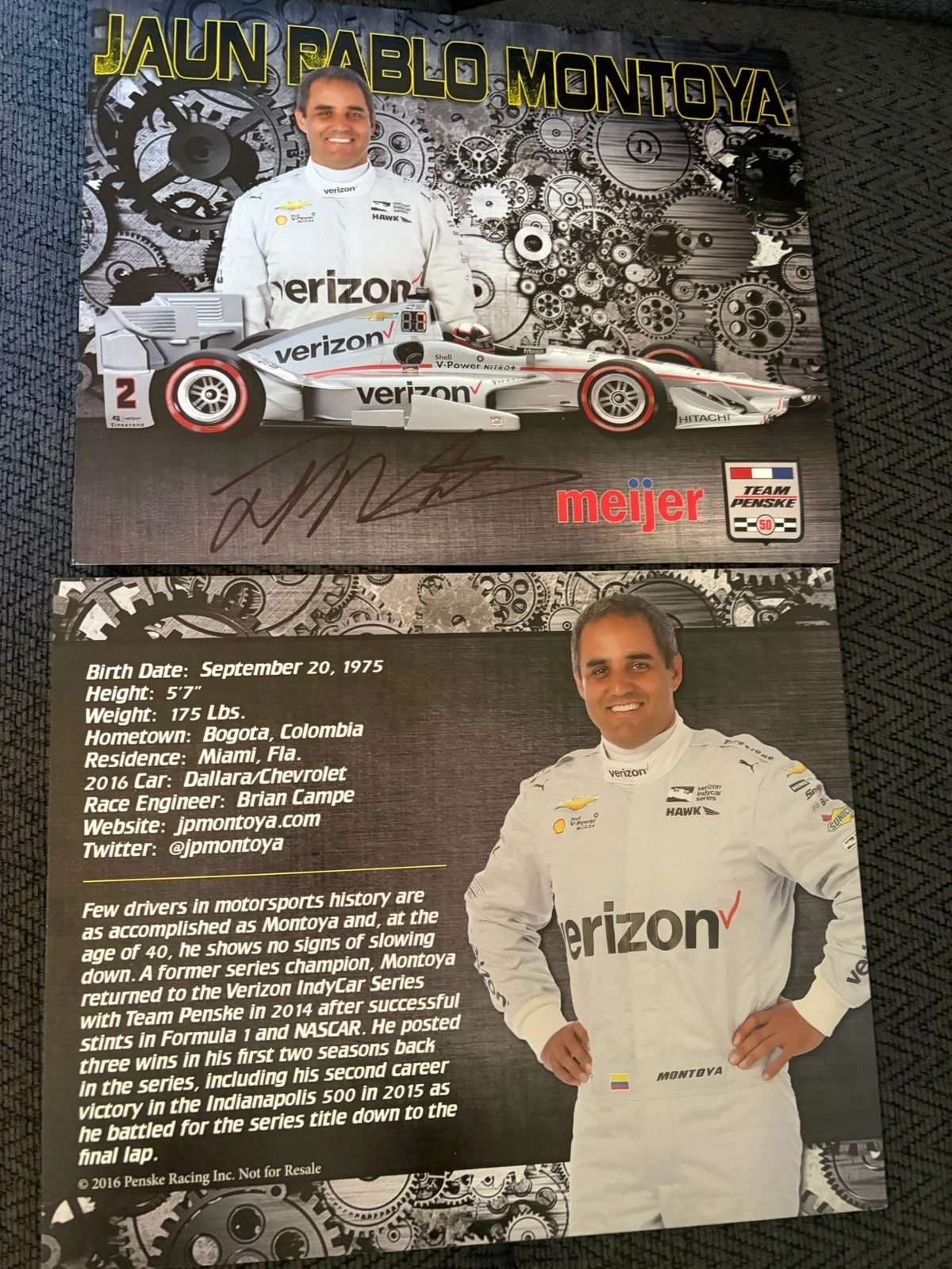 Juan Montoya Indy Car Indianapolis 500 Promo hero Card Auto Meijer 2016