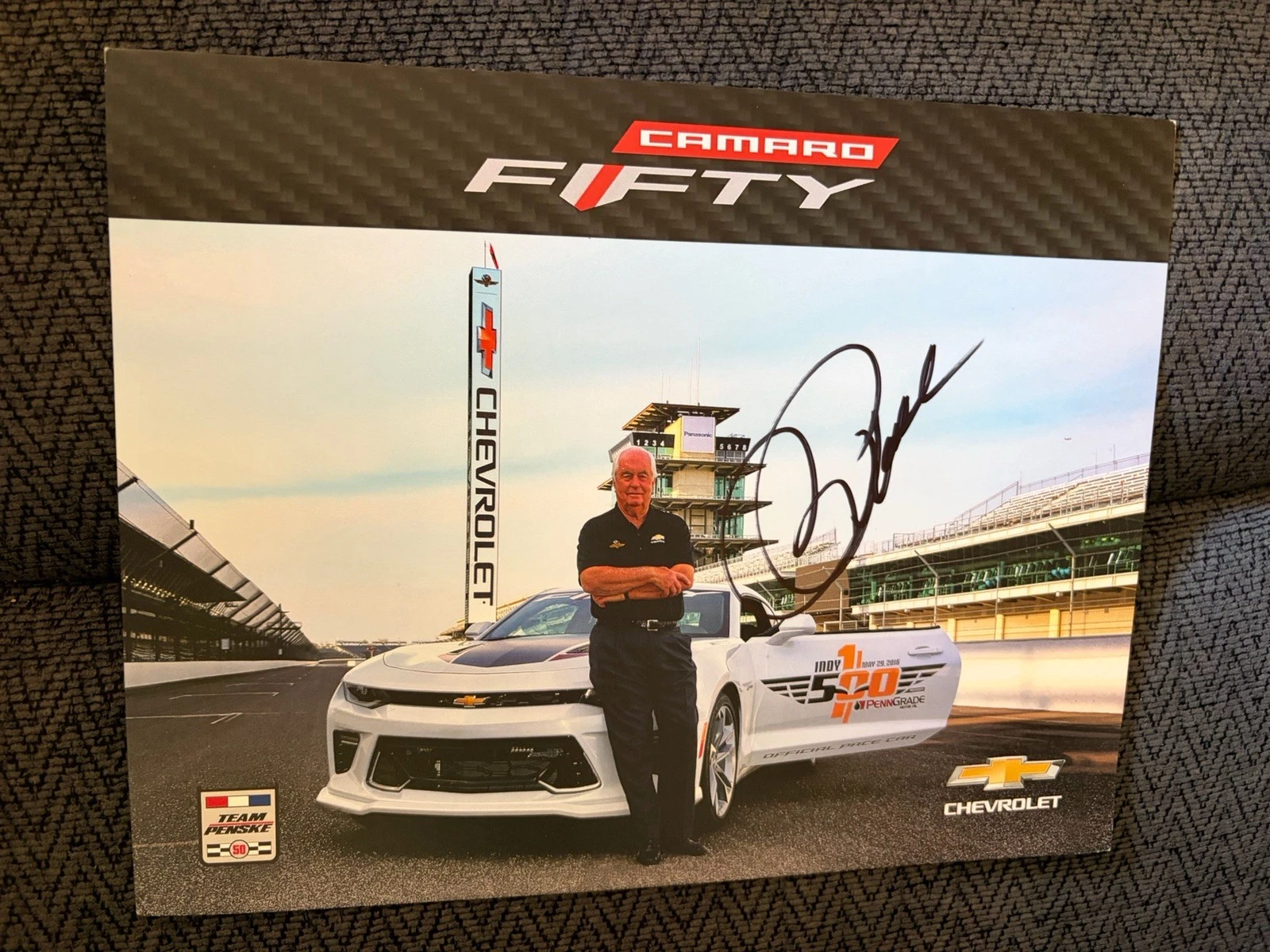 Roger Penske Signed Indianapolis Indy 500 2016 Pace Car Promo Hero Card Camaro