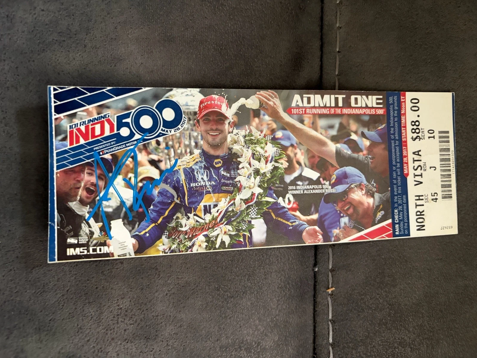 2016 Indy 500 Win Alexander Rossi Signed 2017 Race Ticket Indianapolis Autograph