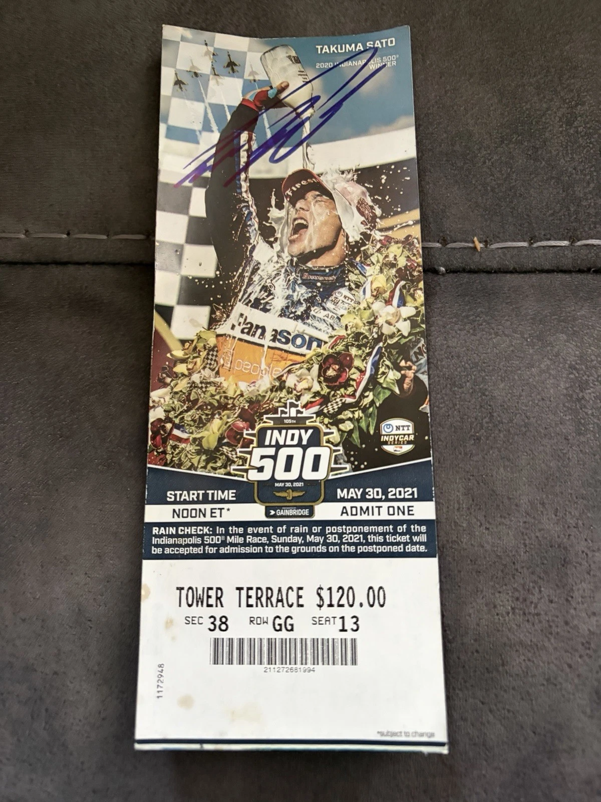 Takuma Sato (2020 Winner) Signed Indianapolis Indy 500 Ticket 2021 Race