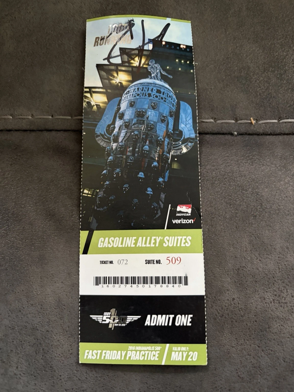 2016 Indy 500 Alexander Rossi Signed Practice Ticket Indianapolis Upside Down