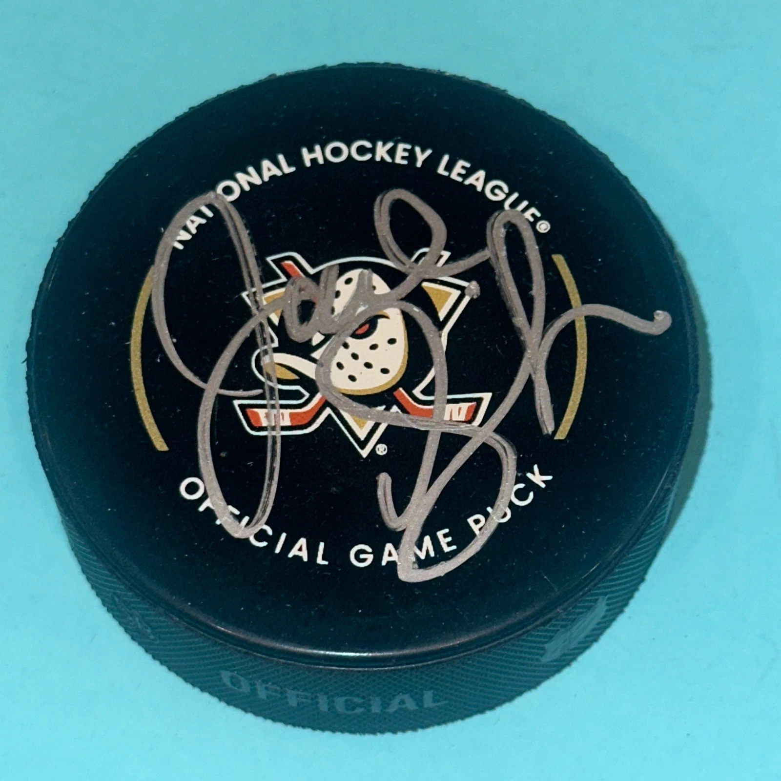 JOEL QUENNEVILLE Signed Anaheim DUCKS Official GAME Puck Beckett (BAS)