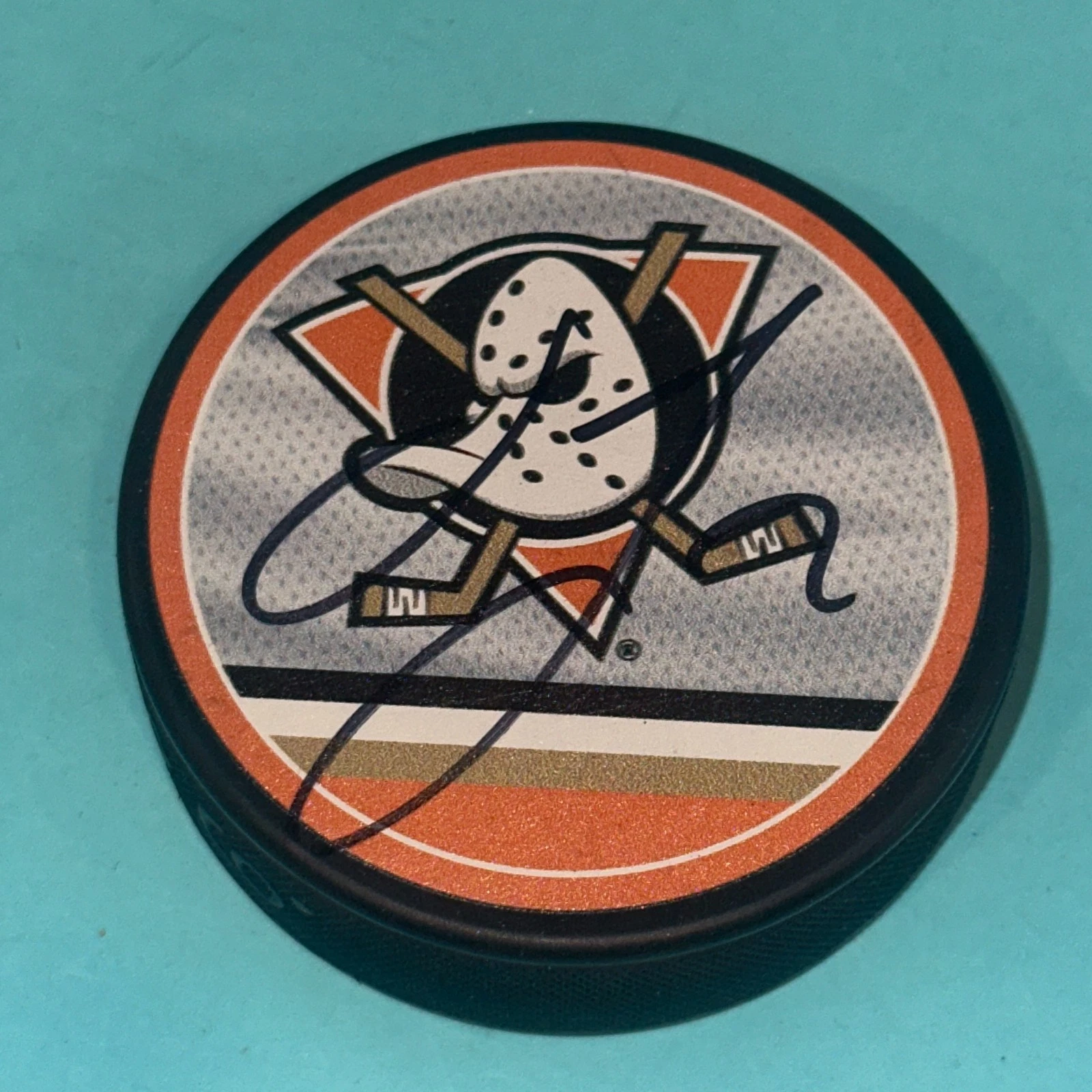 JACKSON LaCOMBE Signed Anaheim DUCKS REVERSE RETRO Puck Beckett (BAS)