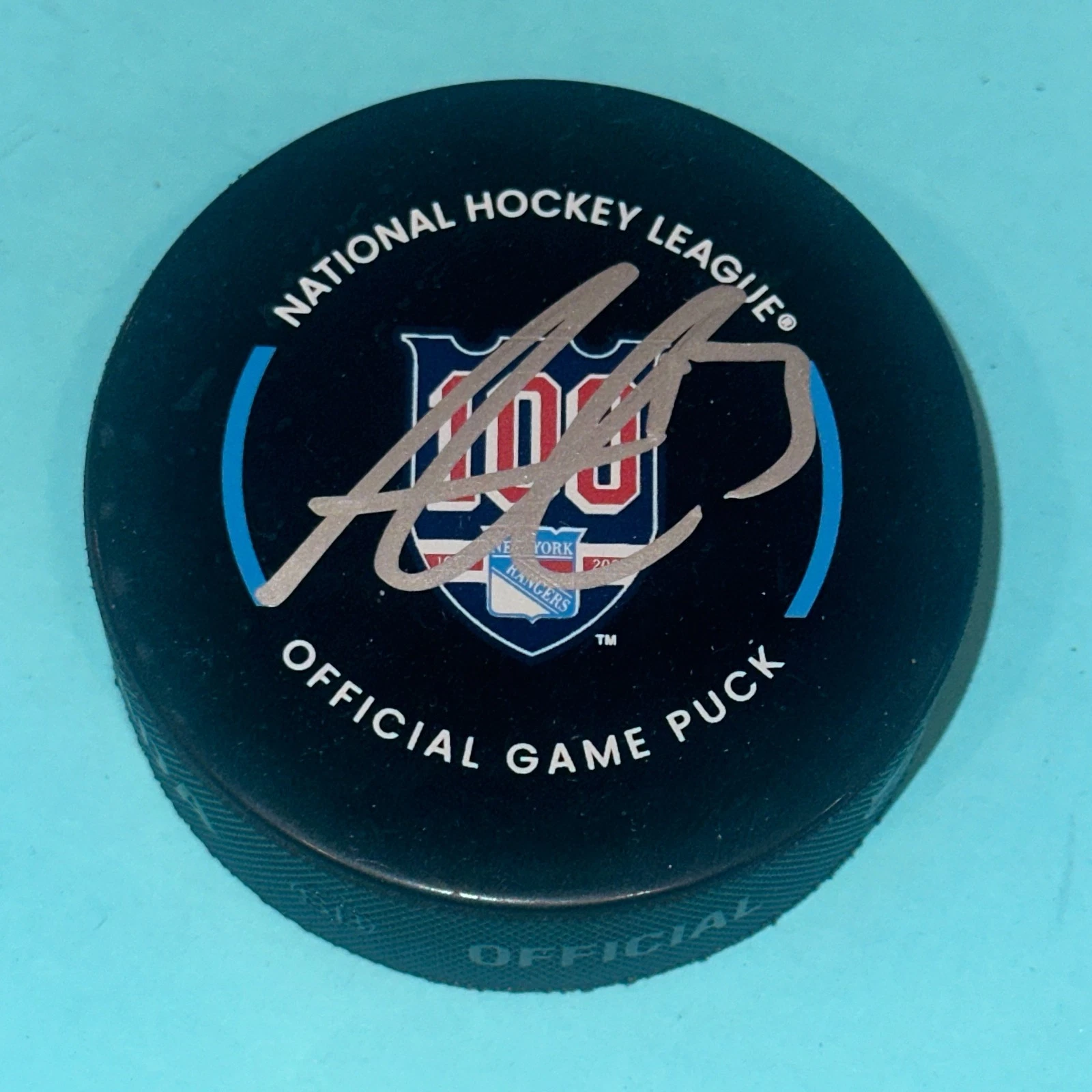 ALEXIS LAFRENIERE Signed New York RANGERS 100th Official GAME Puck Beckett (BAS)