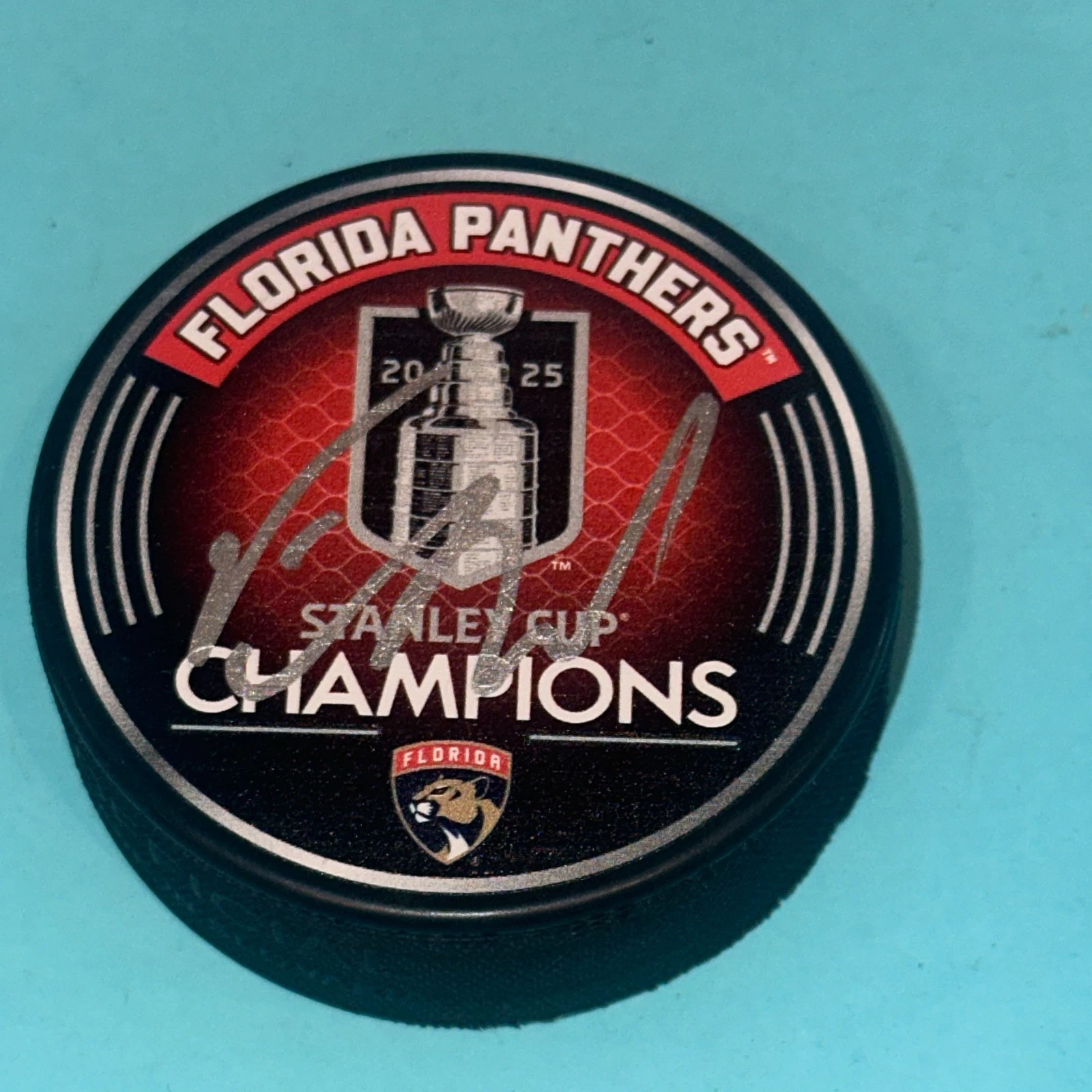 EVAN RODRIGUES (Panthers)  Signed 2025 STANLEY CUP CHAMPS Puck Beckett (BAS)