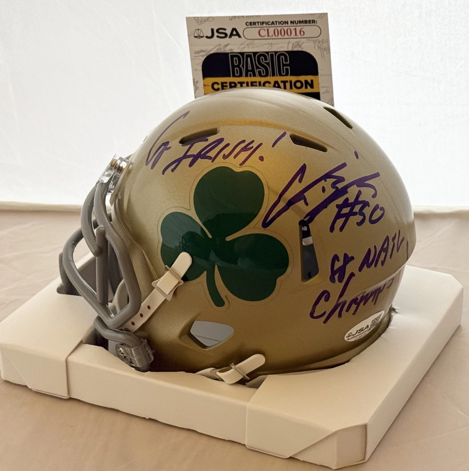 Chris Zorich signed Notre Dame Irish Shamrock mini helmet W/ Inscriptions JSA