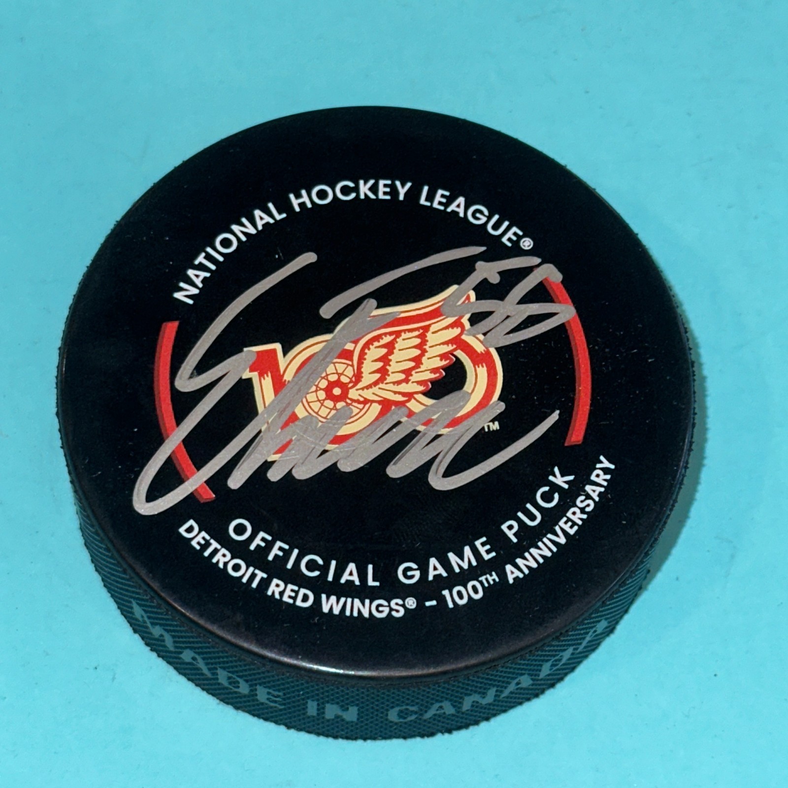 EMMITT FINNIE Signed Detroit RED WINGS 100th Official GAME Puck Beckett (BAS)