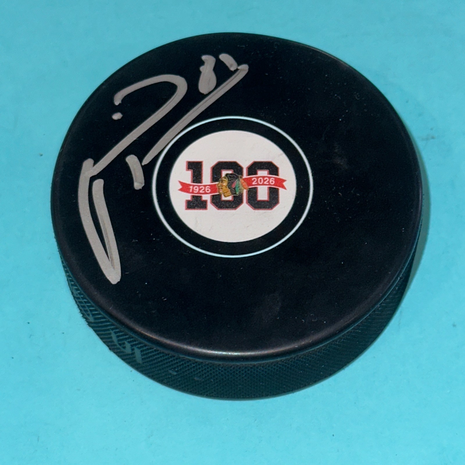 MARIAN HOSSA Signed Chicago BLACKHAWKS 100th Anniversary Puck Beckett (BAS)