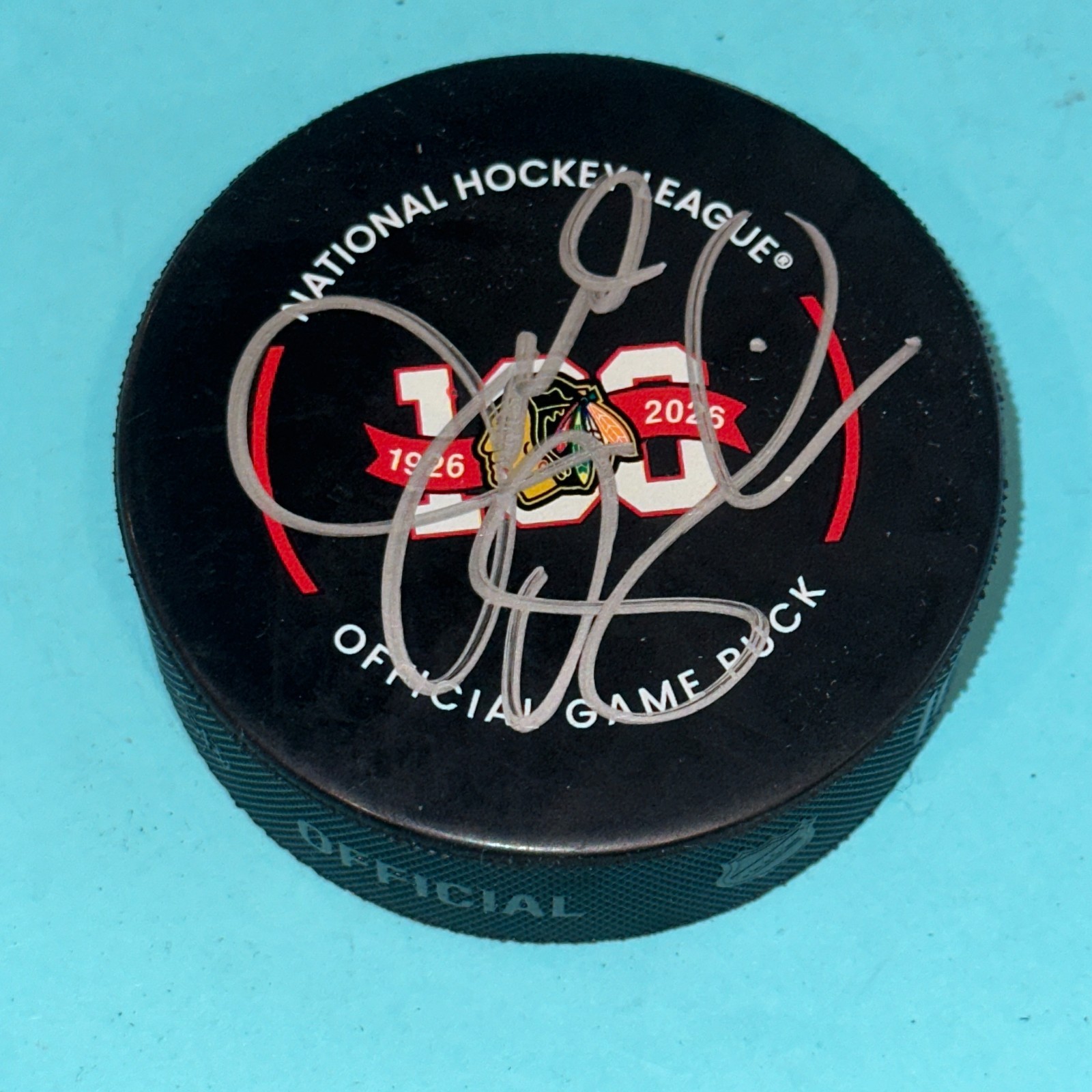 JOEL QUENNEVILLE Signed BLAKHAWKS 100th Ann Official GAME Puck Beckett (BAS)