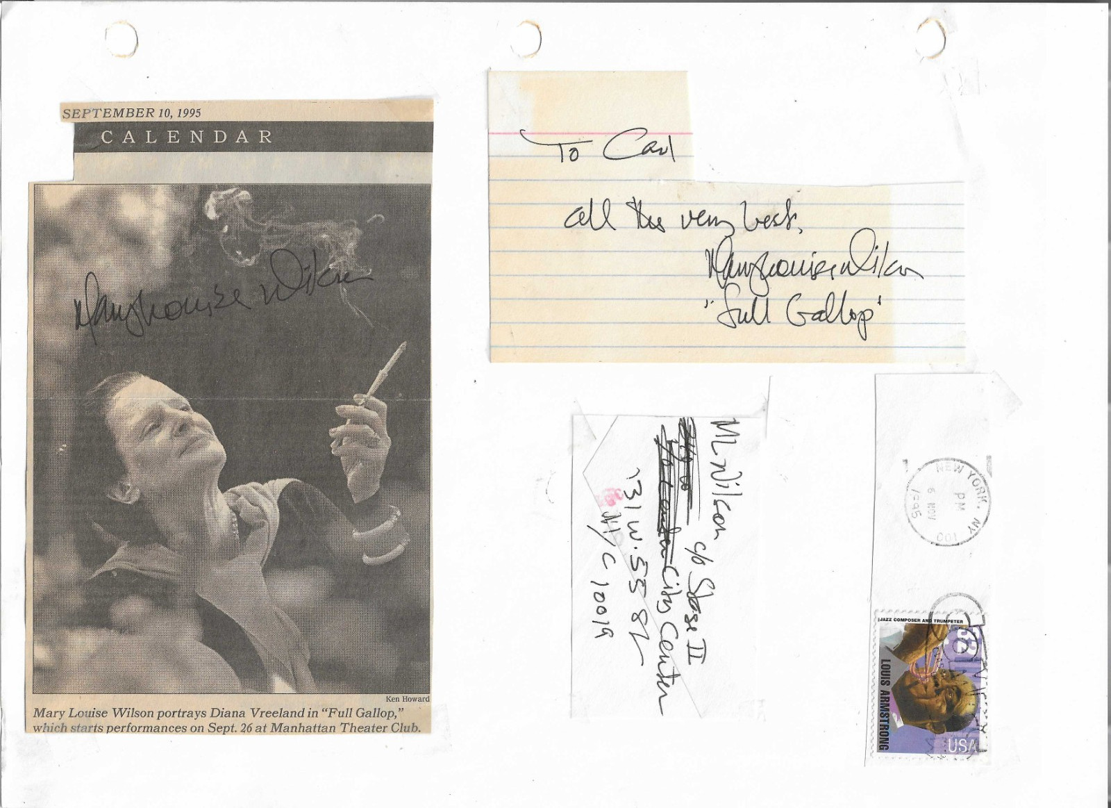 Mary Loiuse Wilson hand SIGNED 3x Scrapbook page w/ index card & clipping COA