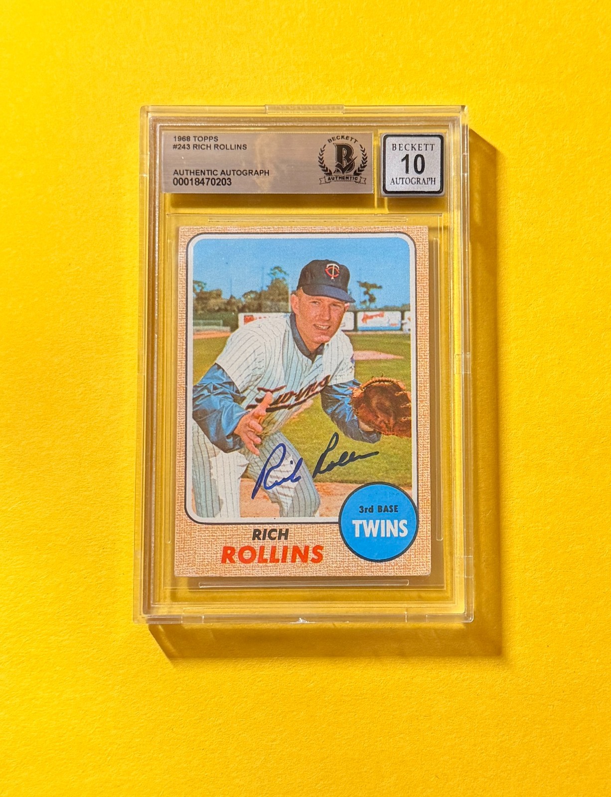 1968 TOPPS RICH ROLLINS #243 SIGNED AUTO CARD BECKETT 10 AUTHENTIC TWINS