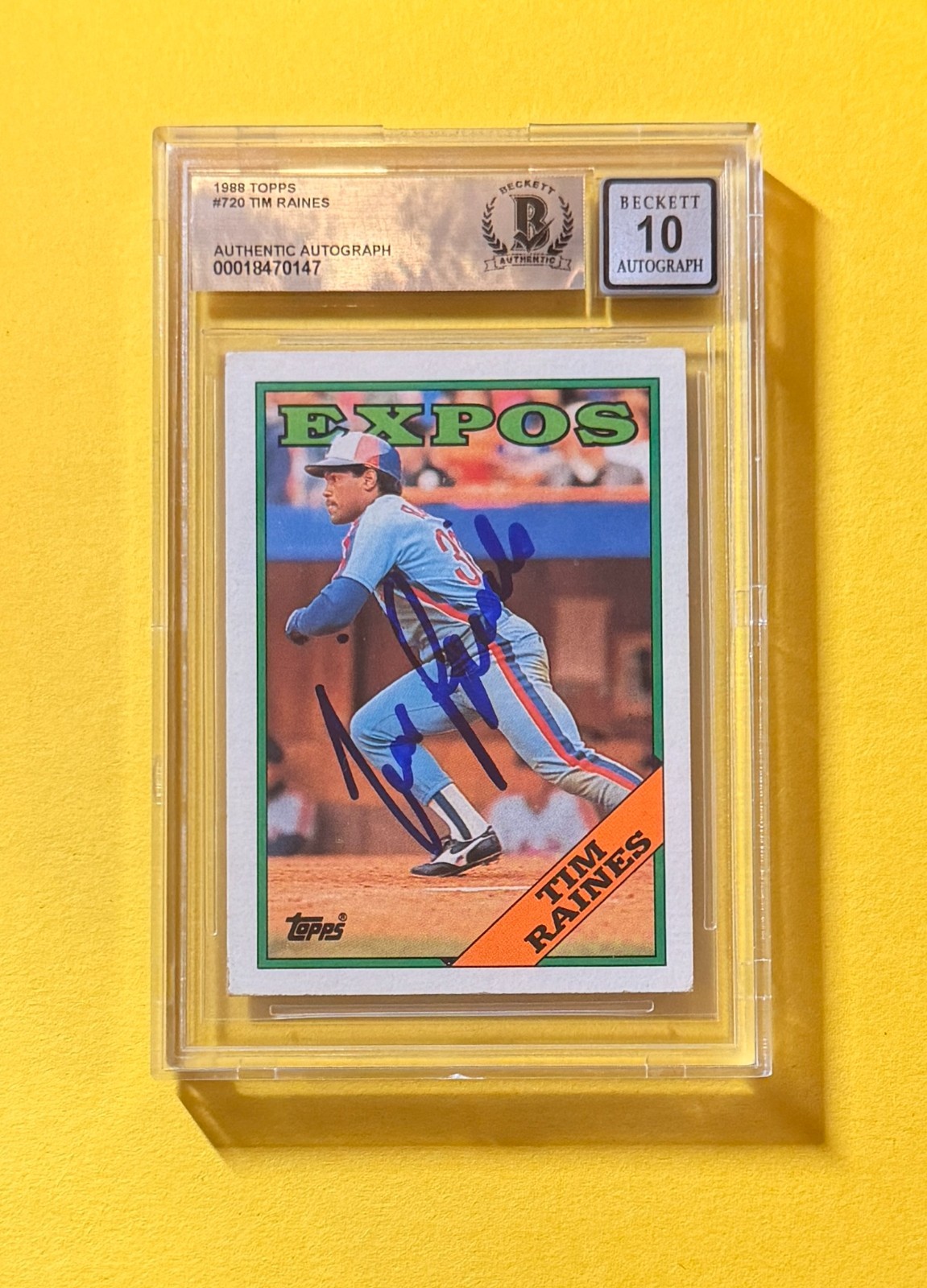 1988 TOPPS TIM RAINES #720 SIGNED AUTO CARD BECKETT 10 AUTHENTIC EXPOS HOF