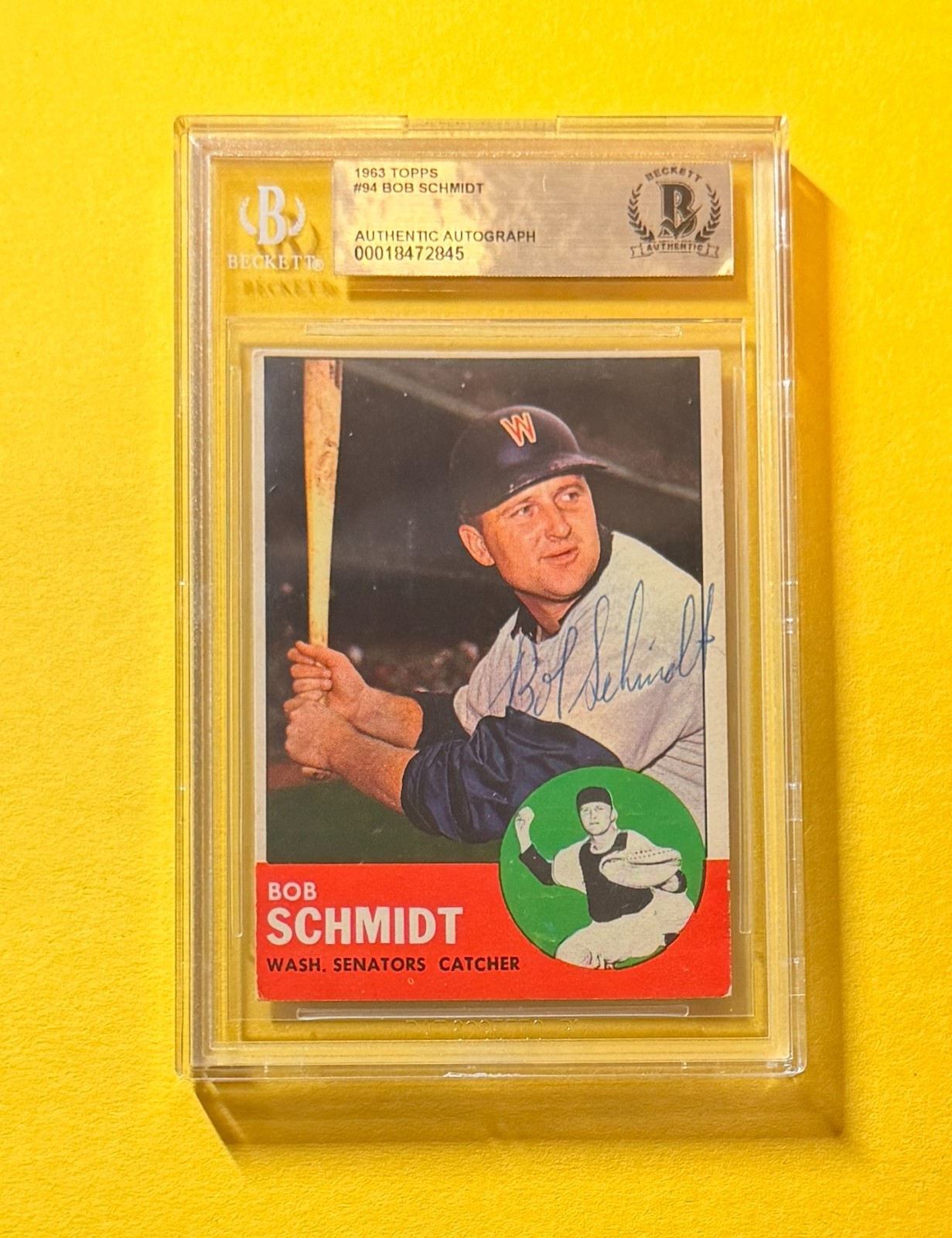 1963 TOPPS BOB SCHMIDT #94 SIGNED AUTO CARD BECKETT AUTHENTIC SENATORS