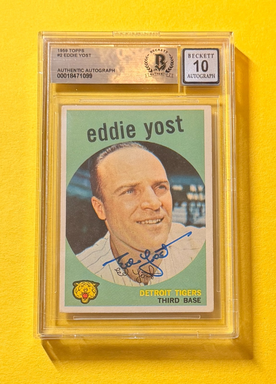 1959 TOPPS EDDIE YOST #2 SIGNED AUTO CARD BECKETT 10 AUTHENTIC TIGERS