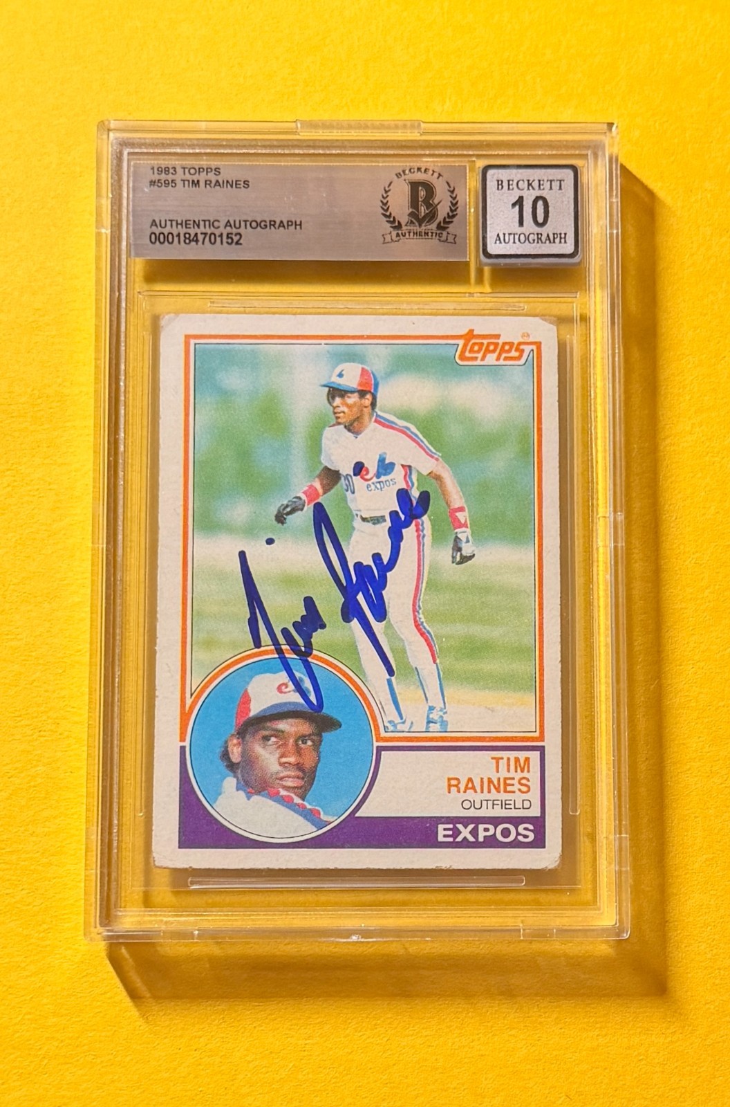 1983 TOPPS TIM RAINES #595 SIGNED AUTO CARD BECKETT 10 AUTHENTIC EXPOS HOF