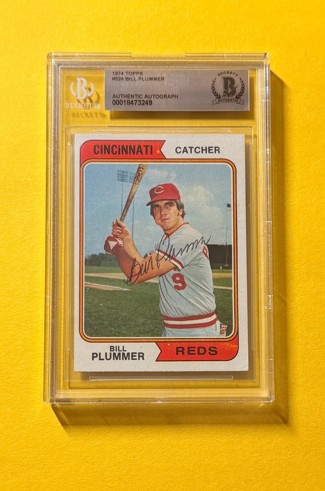 1974 TOPPS BILL PLUMMER #524 SIGNED AUTO CARD BECKETT AUTHENTIC REDS