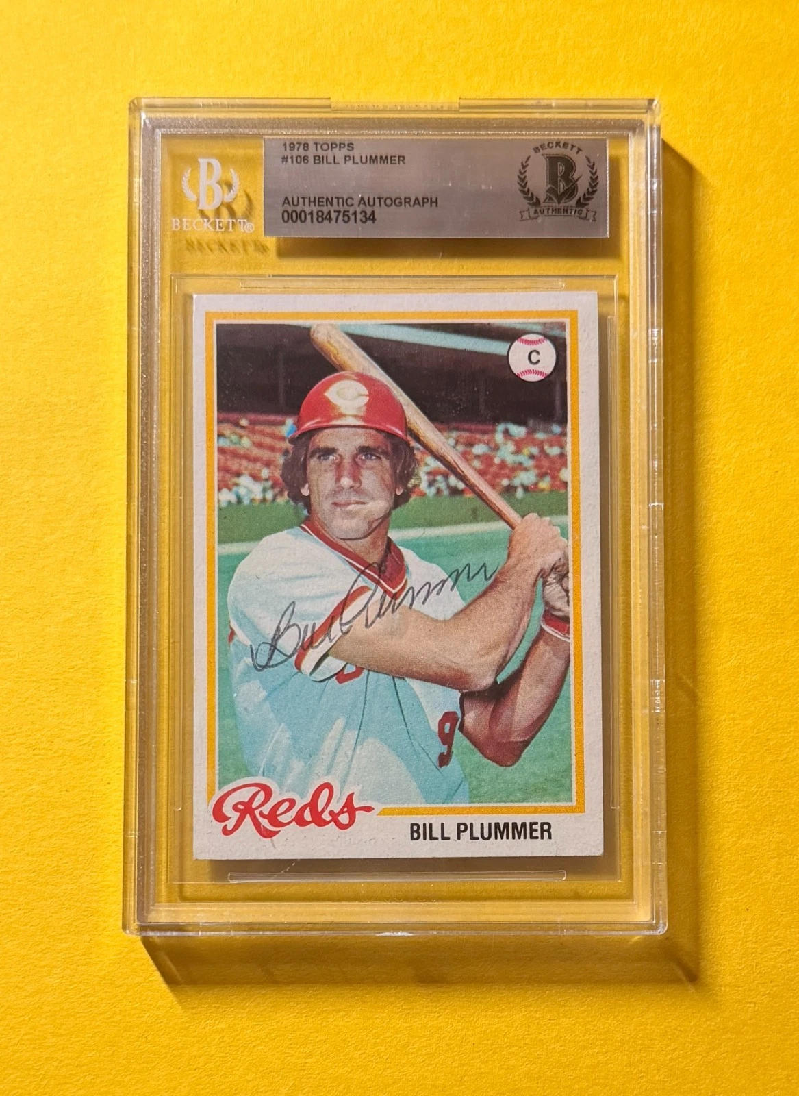 1978 TOPPS BILL PLUMMER #106 SIGNED AUTO CARD BECKETT AUTHENTIC REDS