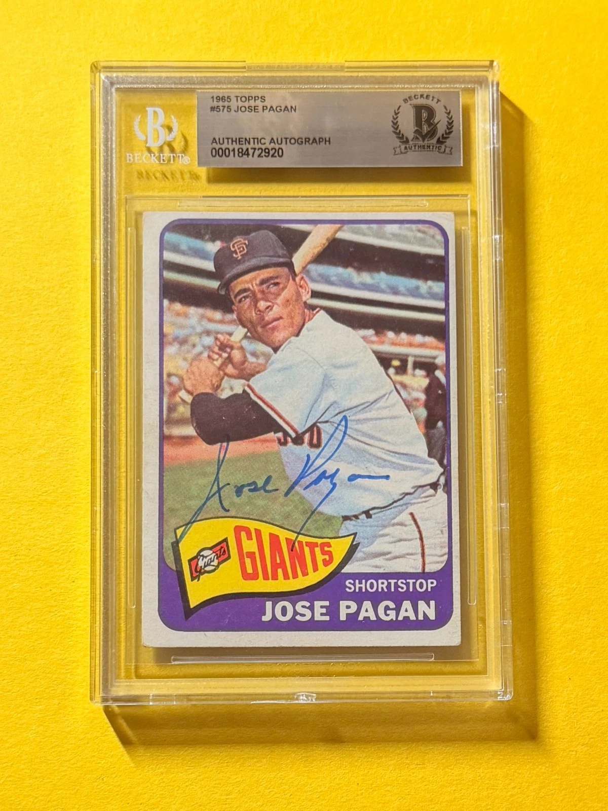 1965 TOPPS JOSE PAGAN #575 SIGNED AUTO CARD BECKETT AUTHENTIC GIANTS