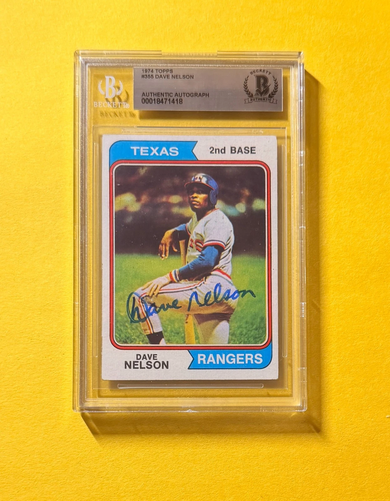 1974 TOPPS DAVE NELSON #355 SIGNED AUTO CARD BECKETT AUTHENTIC RANGERS