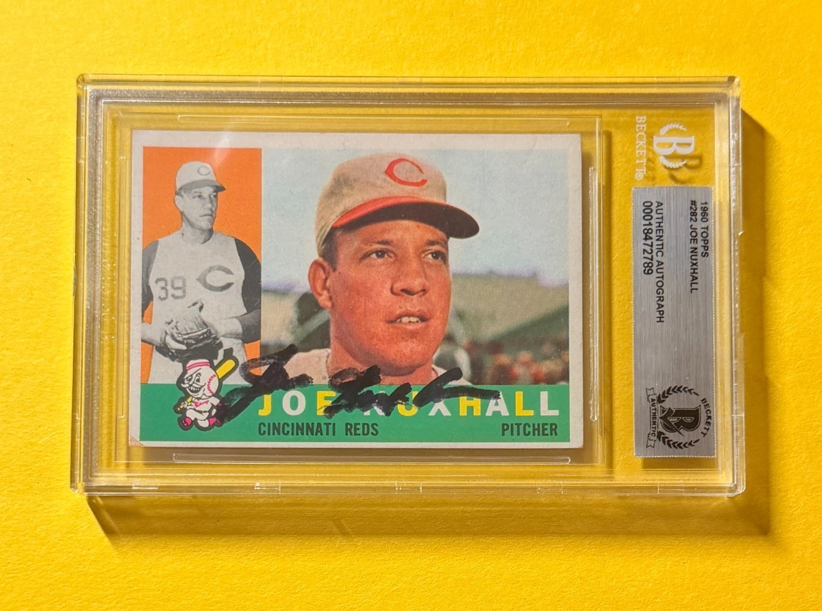 1960 TOPPS JOE NUXHALL#282 SIGNED AUTO CARD BECKETT AUTHENTIC REDS