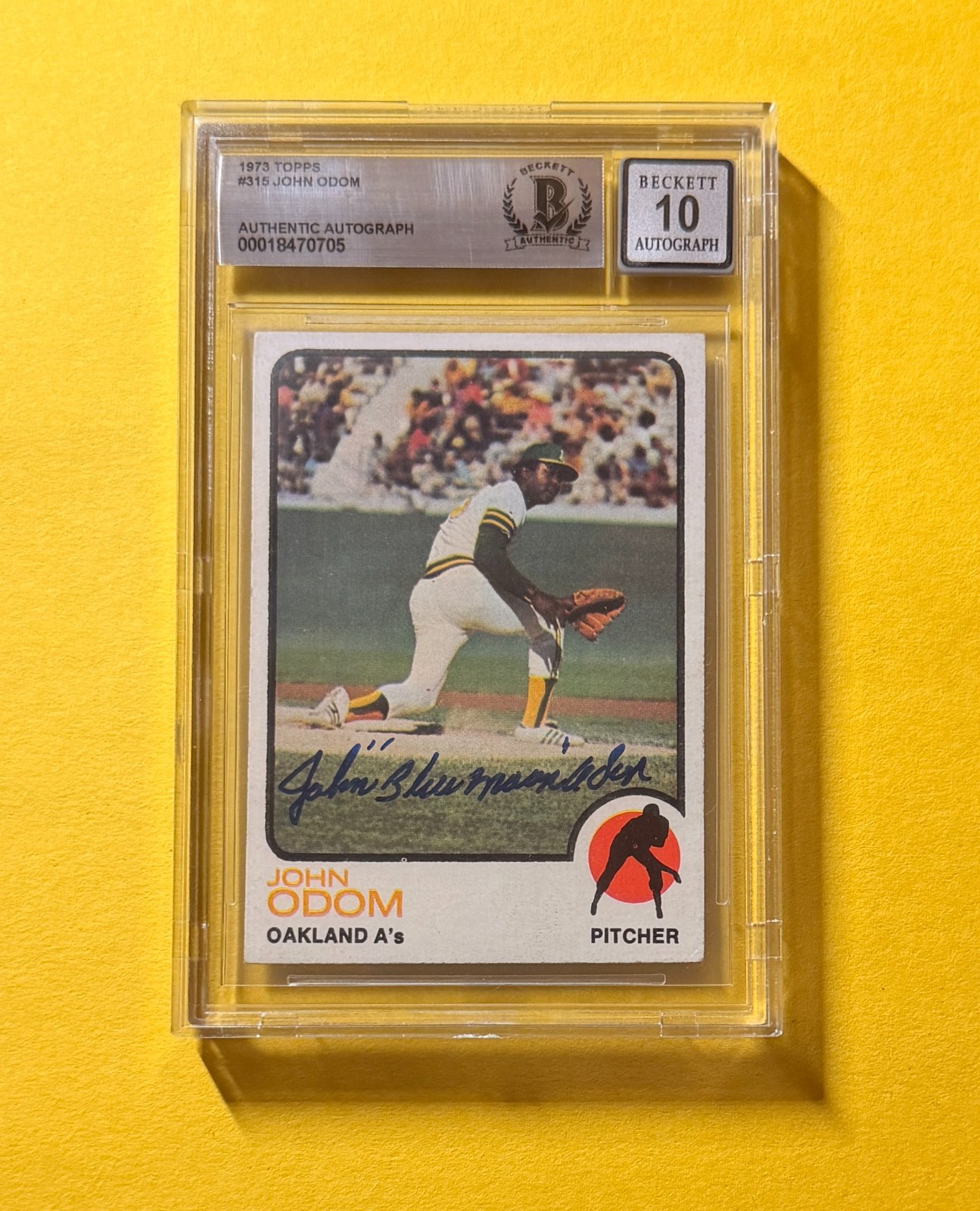 1973 TOPPS JOHN ODOM  #315 SIGNED AUTO CARD BECKETT 10 AUTHENTIC A'S