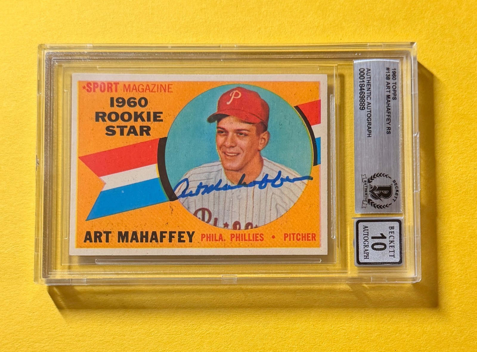 1960 TOPPS ART MAHAFFEY #138 SIGNED AUTO CARD BECKETT 10 AUTHENTIC PHILLIES
