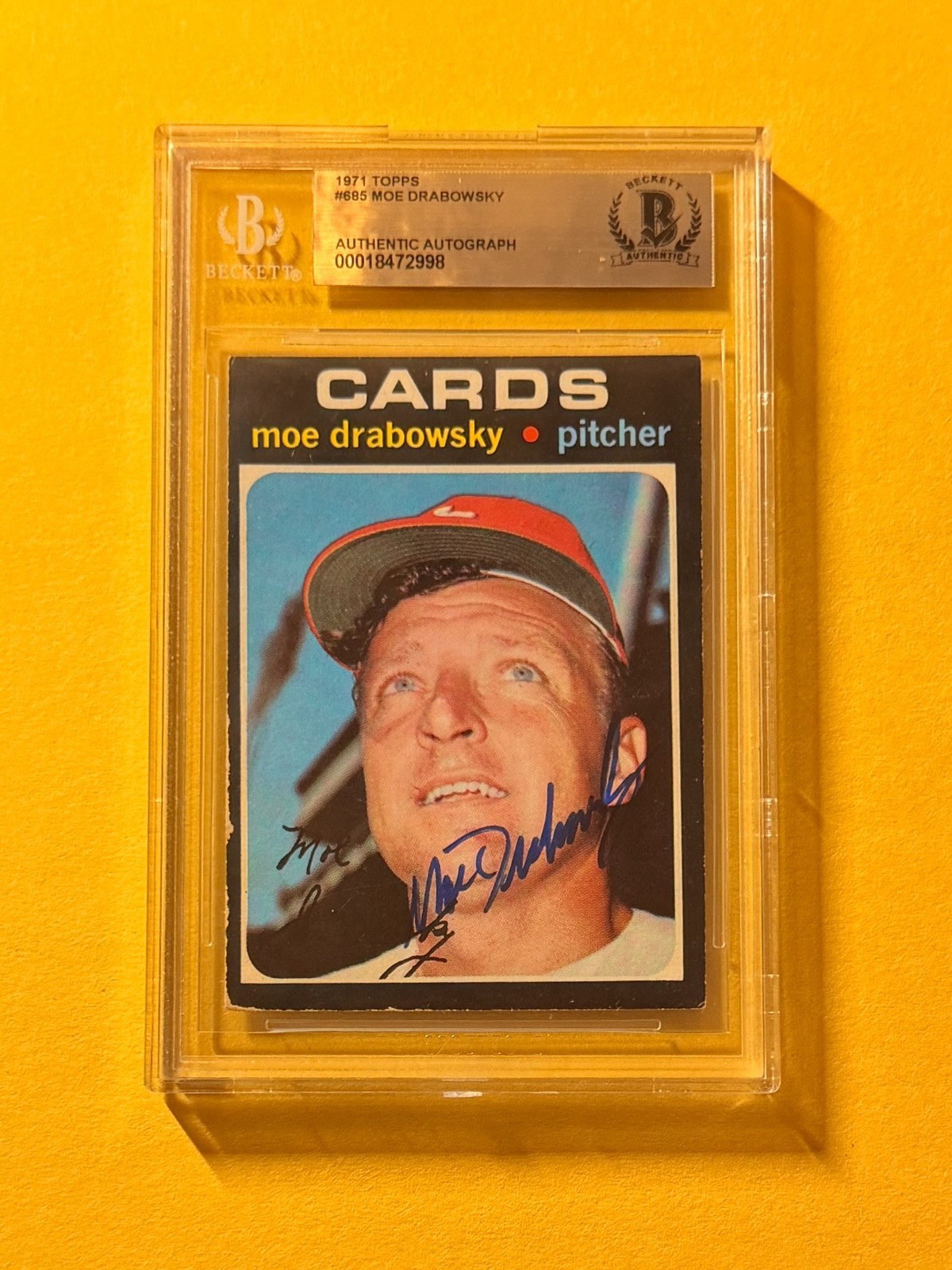 1971 TOPPS MOE DRABOWSKY #685 SIGNED AUTO CARD BECKETT AUTHENTIC CARDINALS