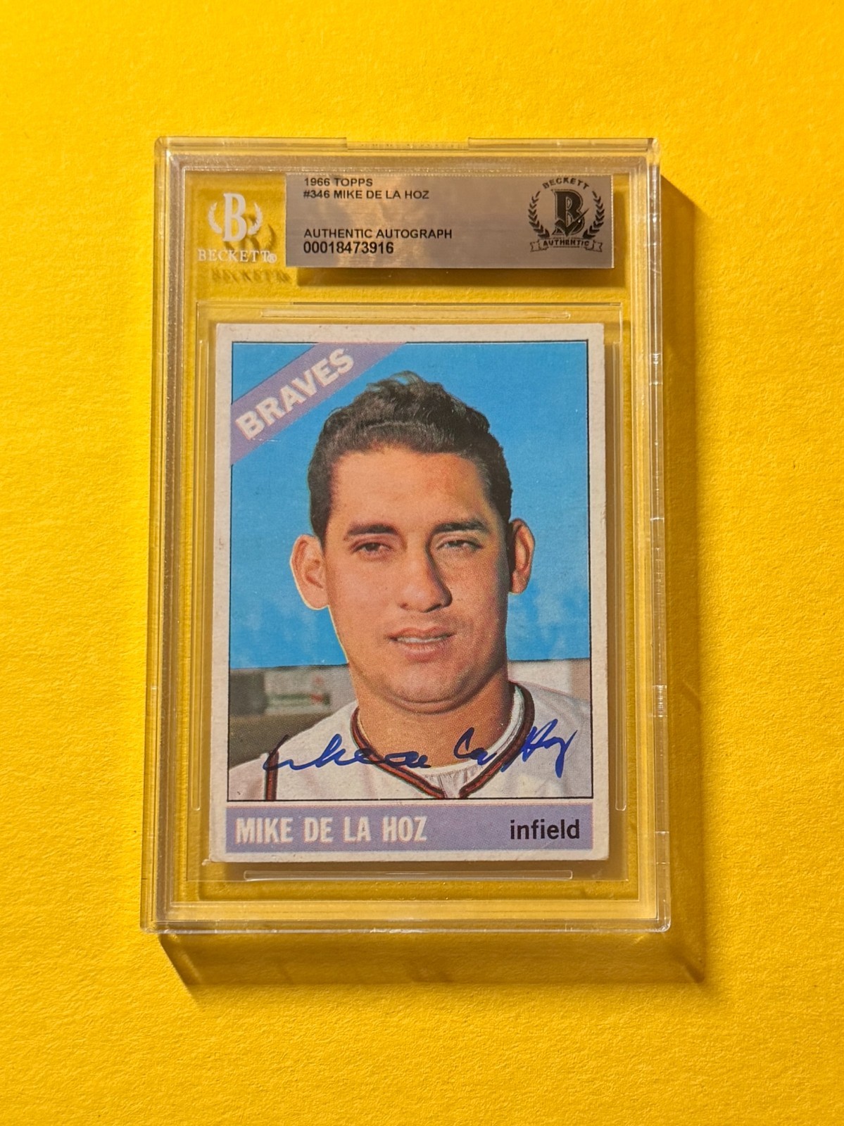 1966 TOPPS MIKE DE LA HOZ #346 SIGNED AUTO CARD BECKETT AUTHENTIC BRAVES
