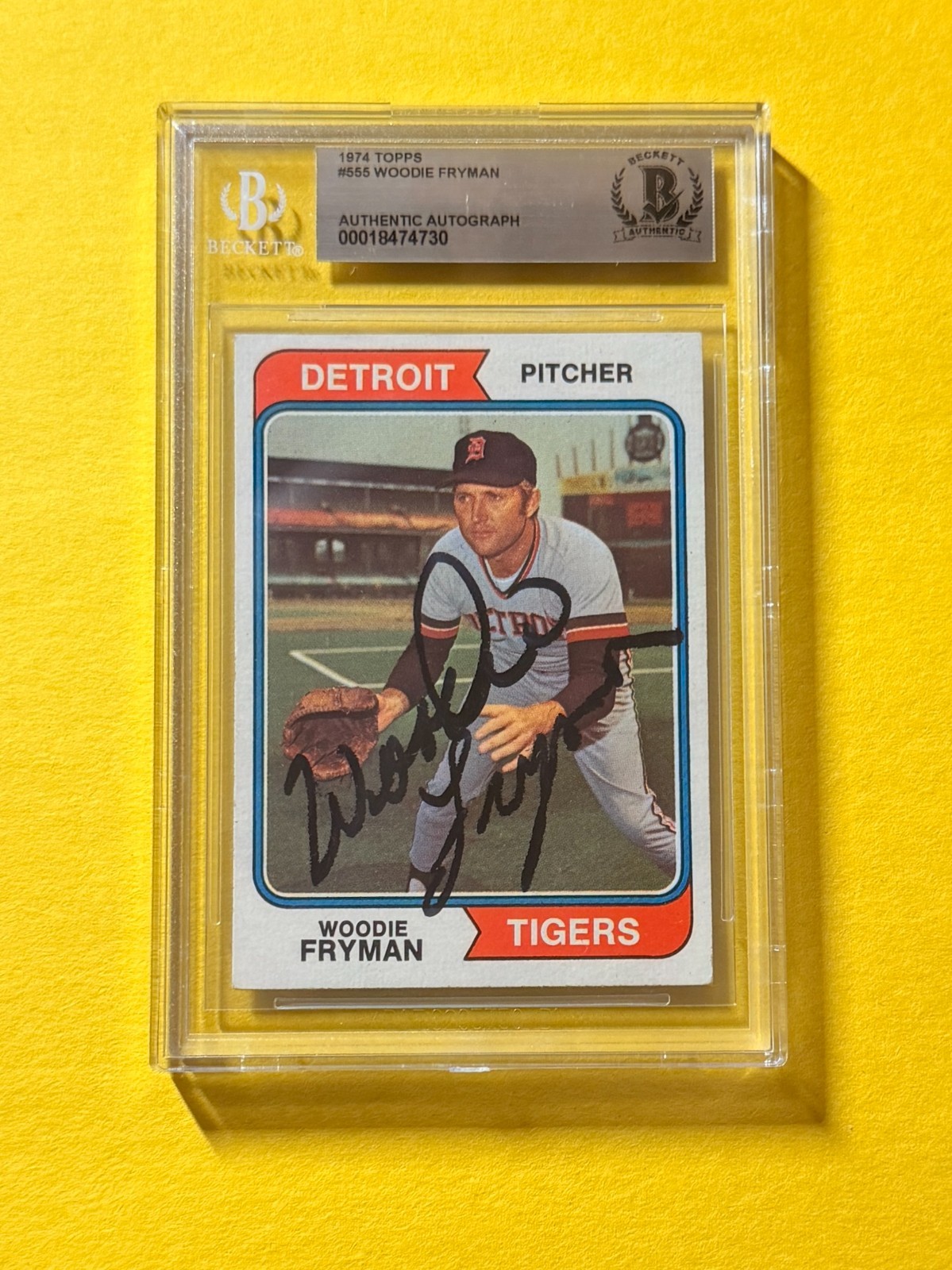 1974 TOPPS WOODIE FRYMAN #555 SIGNED AUTO CARD BECKETT AUTHENTIC TIGERS