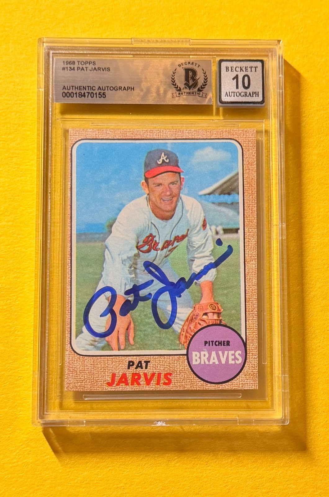 1968 TOPPS PAT JARVIS #134 SIGNED AUTO CARD BECKETT 10 AUTHENTIC BRAVES