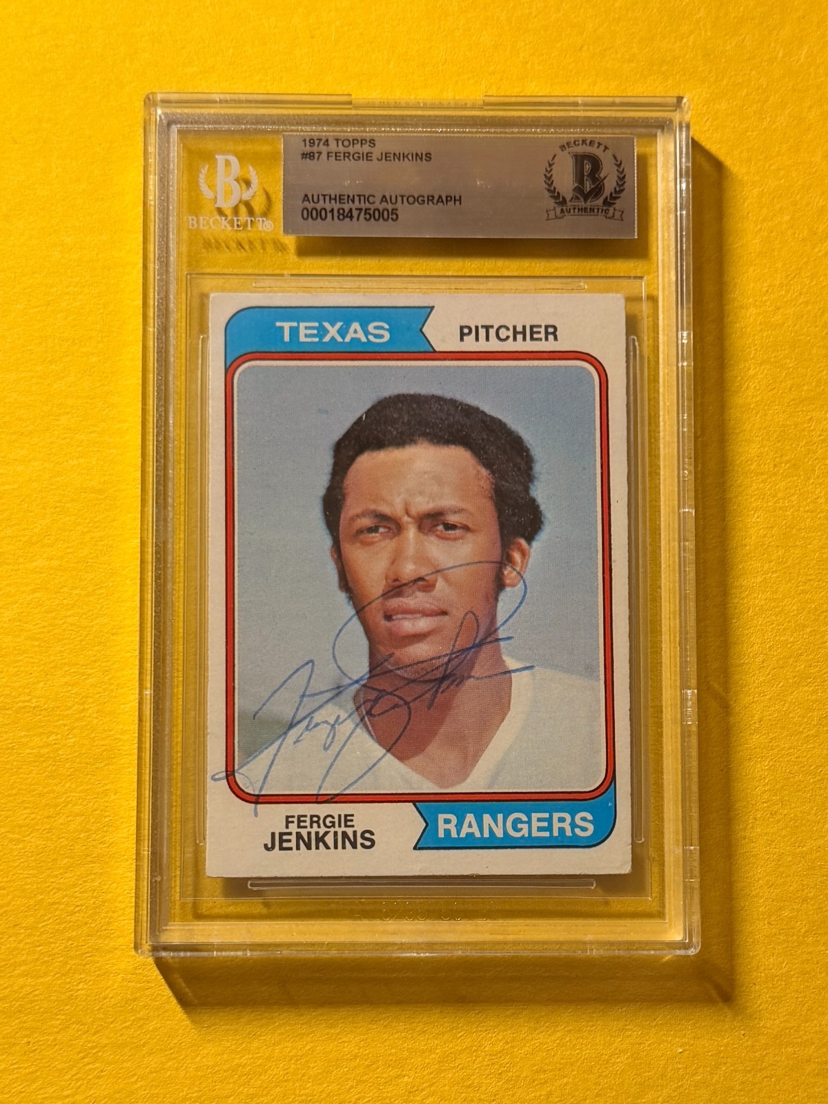 1974 TOPPS FERGIE JENKINS #87 SIGNED AUTO CARD BECKETT AUTHENTIC RANGERS