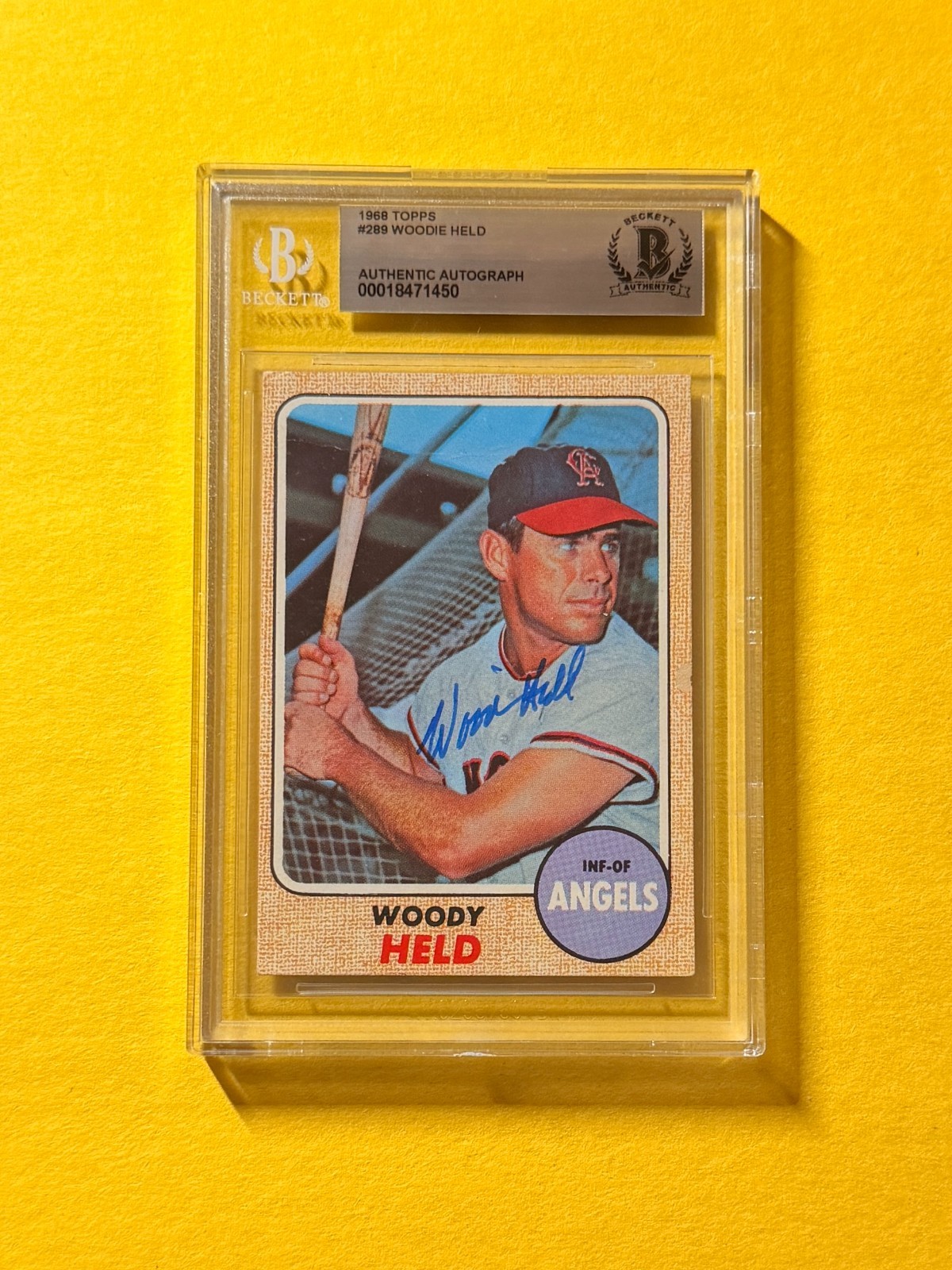 1968 TOPPS WOODIE HELD #289 SIGNED AUTO CARD BECKETT AUTHENTIC ANGELS