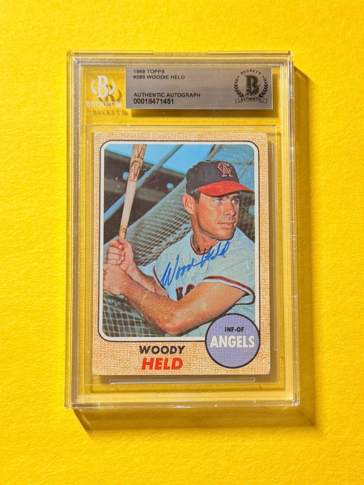 1968 TOPPS WOODIE HELD #289 SIGNED AUTO CARD BECKETT AUTHENTIC ANGELS