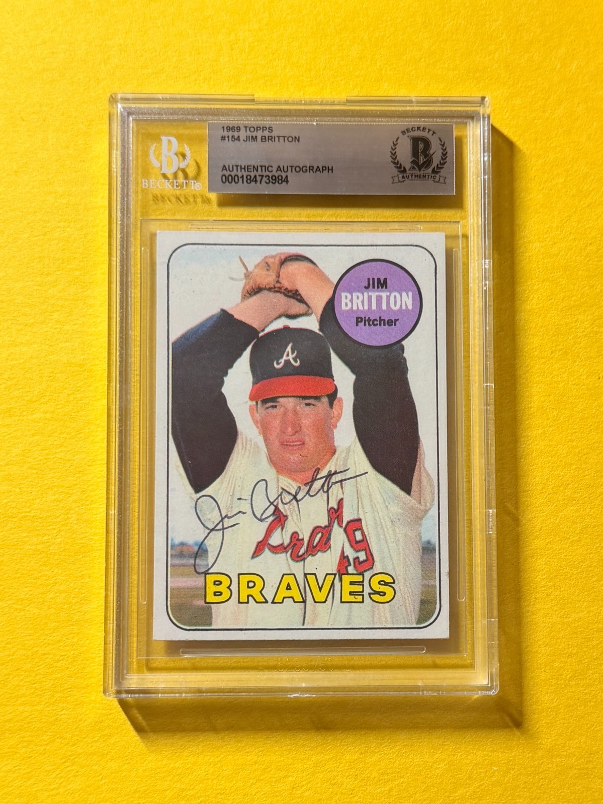 1969 TOPPS JIM BRITTON #154 SIGNED AUTO CARD BECKETT AUTHENTIC BRAVES