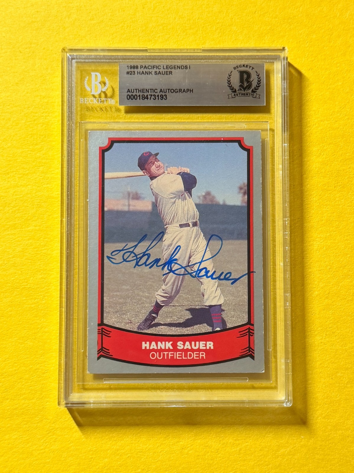 1988 PACIFIC LEGENDS 1 HANK SAUER #23 SIGNED AUTO CARD BECKETT AUTHENTIC