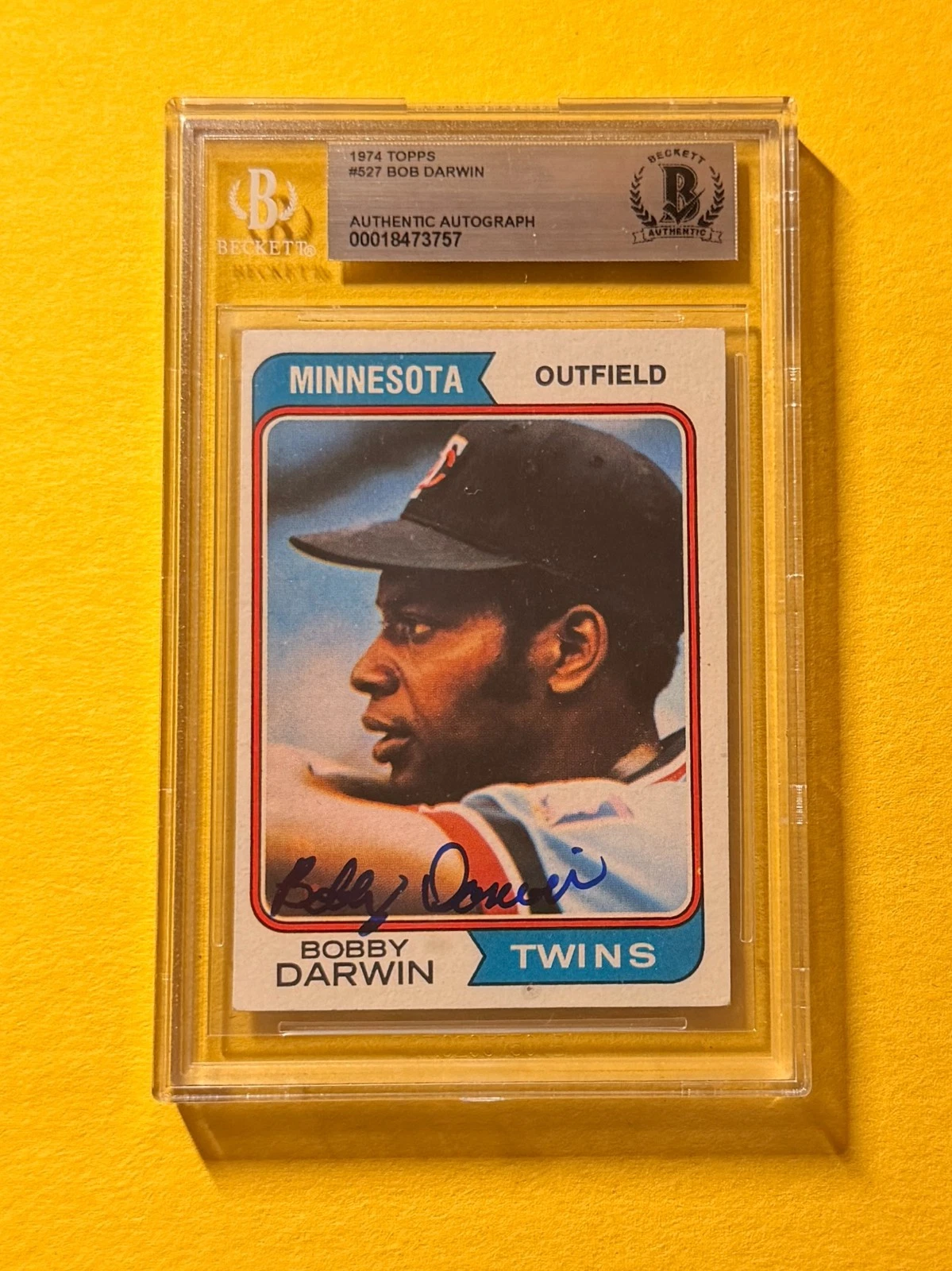 1974 TOPPS BOBBY DARWIN #527 SIGNED AUTO CARD BECKETT AUTHENTIC TWINS