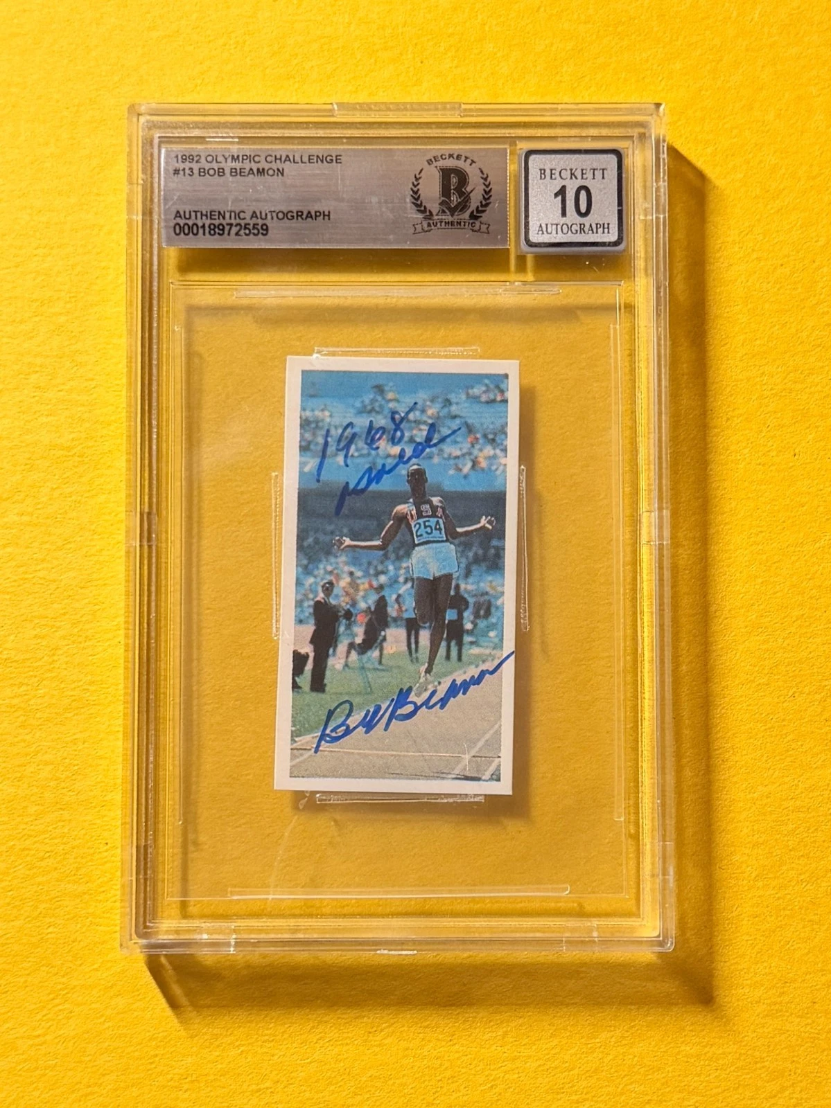 1992 OLYMPIC CHALLENGE BOB BEAMON #13 SIGNED AUTO CARD BECKETT 10 AUTHENTIC