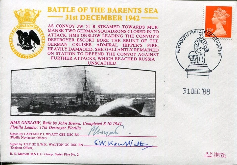 Captain P. J. Watt E. W. K. Walton WWII War HMS Onslow Barents Signed Autograph