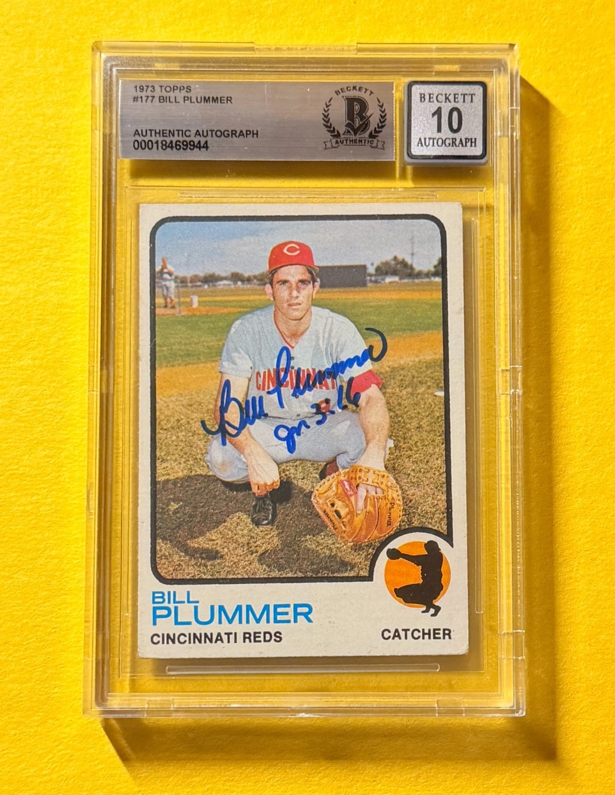 1973 TOPPS BILL PLUMMER #177 SIGNED AUTO CARD BECKETT 10 AUTH REDS