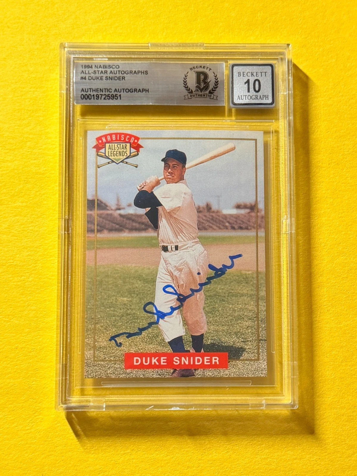 1994 NABISCO ALL-STAR AUTOS DUKE SNIDER #4 SIGNED AUTO CARD BECKETT 10 AUTHENTIC