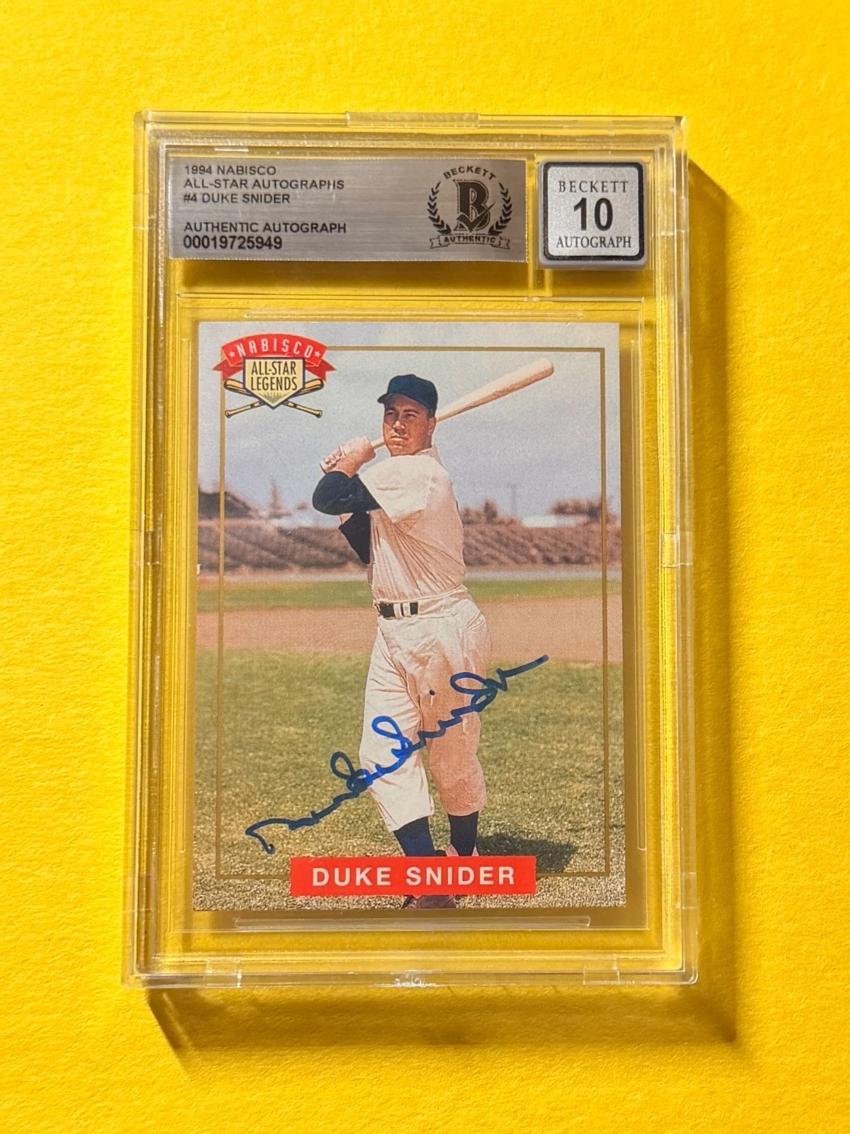 1994 NABISCO ALL-STAR AUTOS DUKE SNIDER #4 SIGNED AUTO CARD BECKETT 10 AUTHENTIC