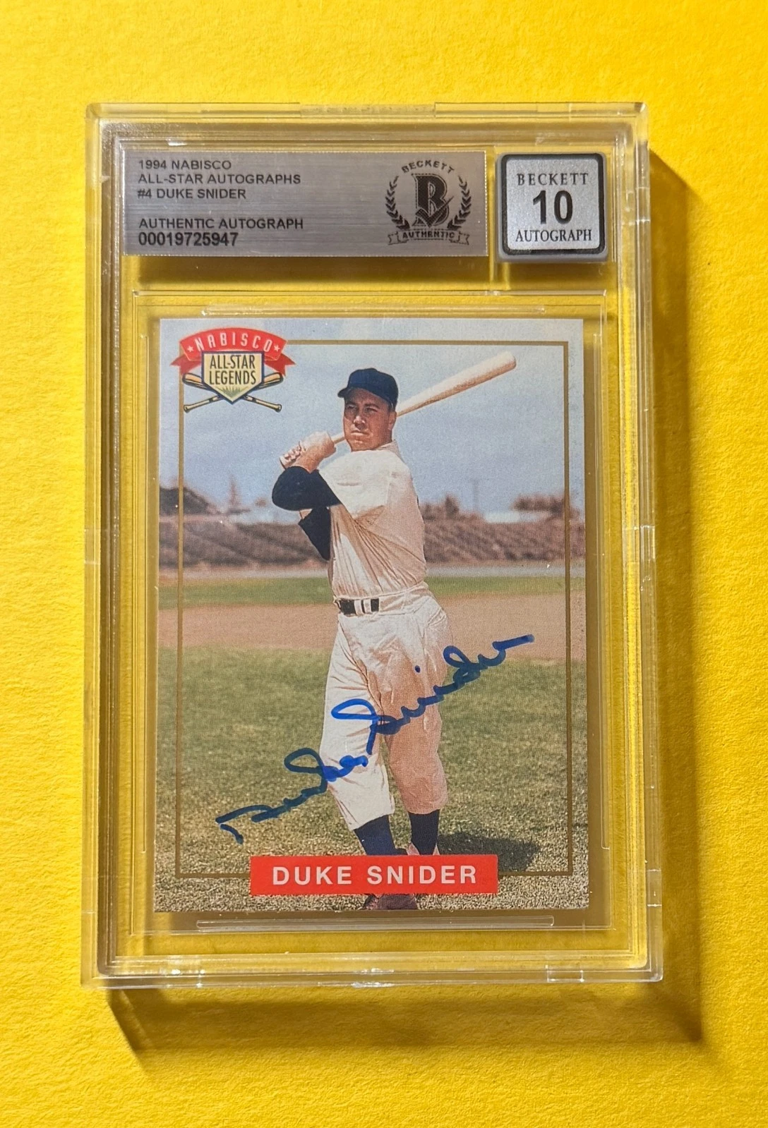 1994 NABISCO ALL-STAR AUTOS DUKE SNIDER #4 SIGNED AUTO CARD BECKETT 10 AUTHENTIC