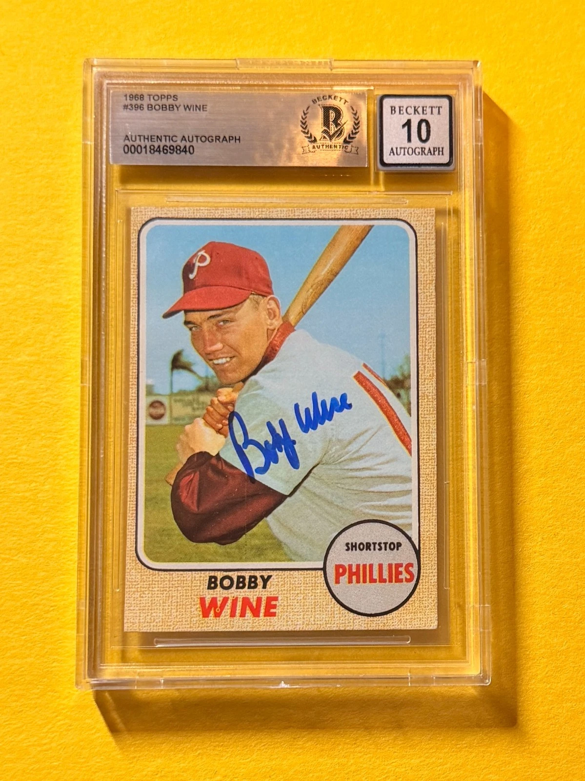 1968 TOPPS BOBBY WINE #396 SIGNED AUTO CARD BECKETT 10 AUTH PHILLIES