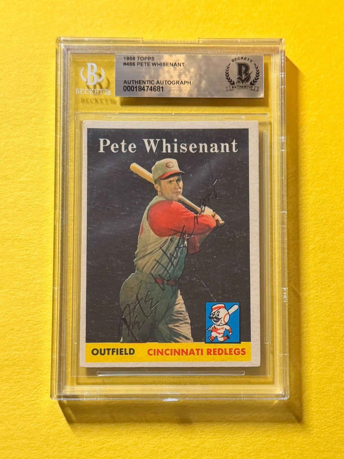 1958 TOPPS PETE WHISENANT #466 SIGNED AUTO CARD BECKETT AUTHENTIC REDS