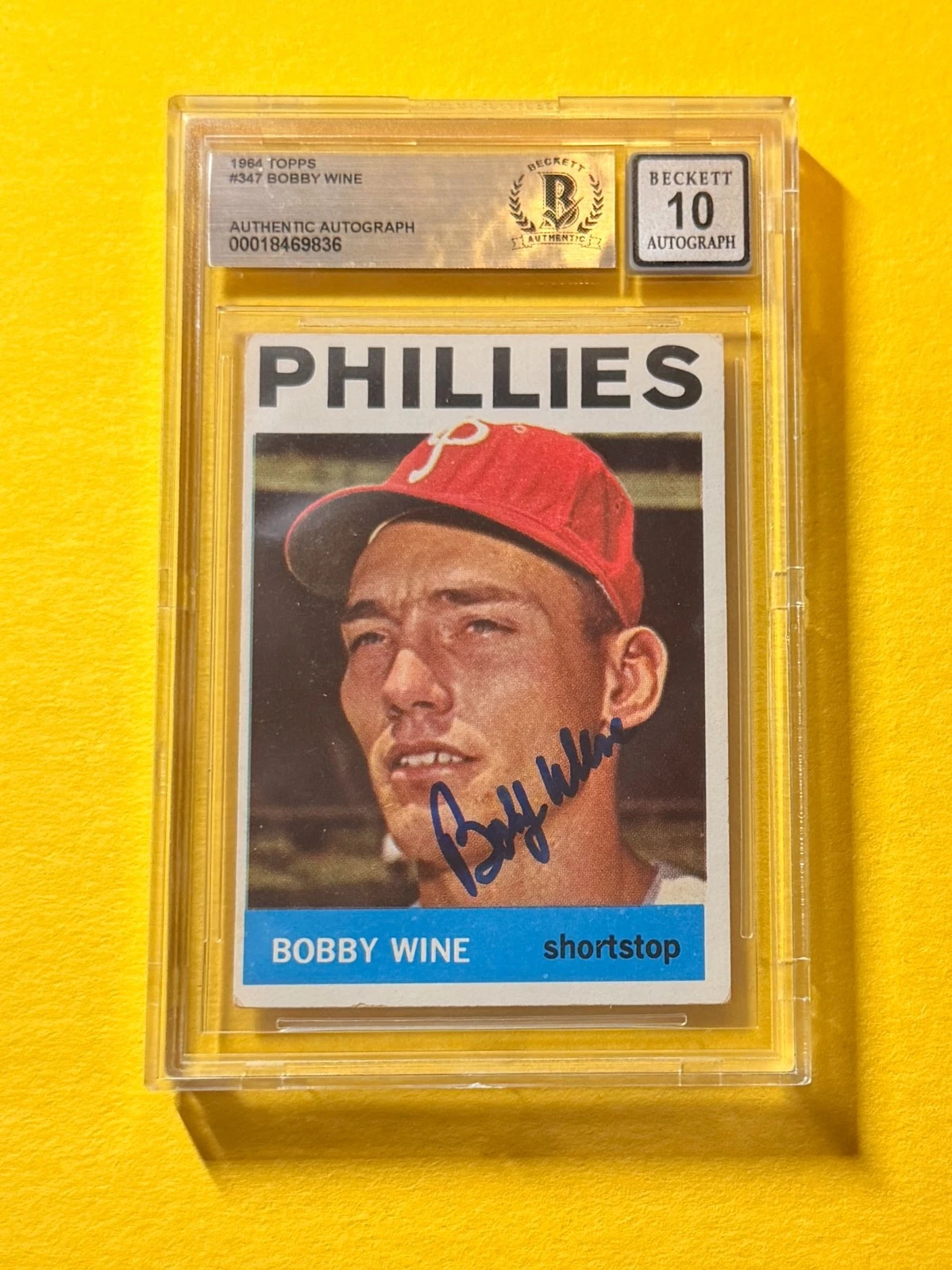 1964 TOPPS BOBBY WINE #347 SIGNED AUTO CARD BECKETT 10 AUTH PHILLIES