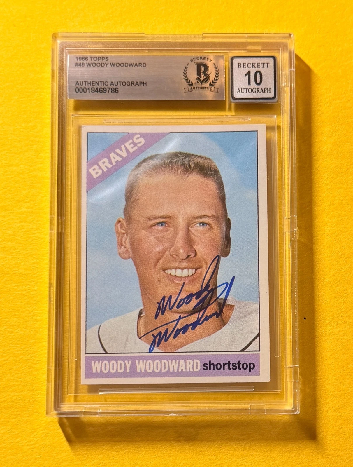 1966 TOPPS WOODY WOODWARD #49 SIGNED AUTO CARD BECKETT 10 AUTH BRAVES