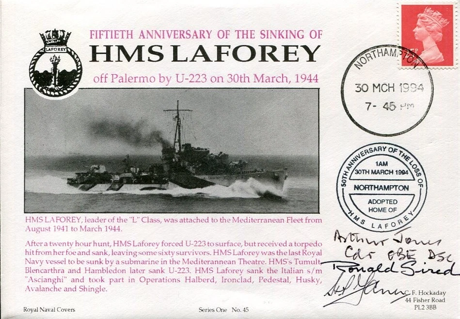 HMS Laforey Sinking Survivors Arthur Jones R. Sired +2 WWII War Signed Autograph