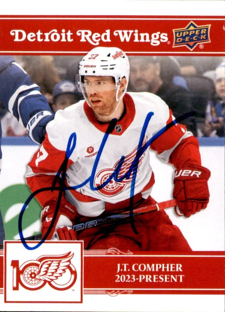 J.T. Compher Signed 2025/26 Upper Deck Detroit Red Wings Centennial Card #65