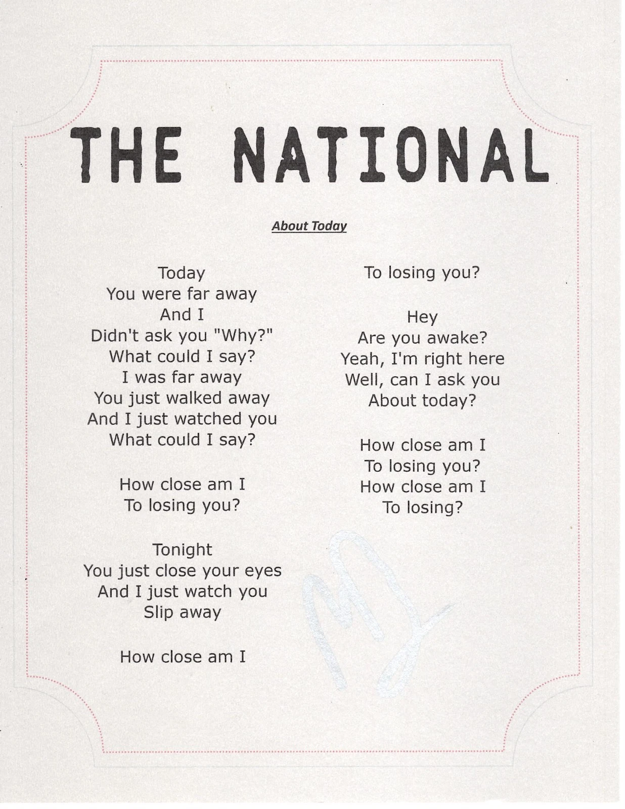 THE NATIONAL MATT BERNINGER SIGNED ABOUT TODAY LYRIC SHEET
